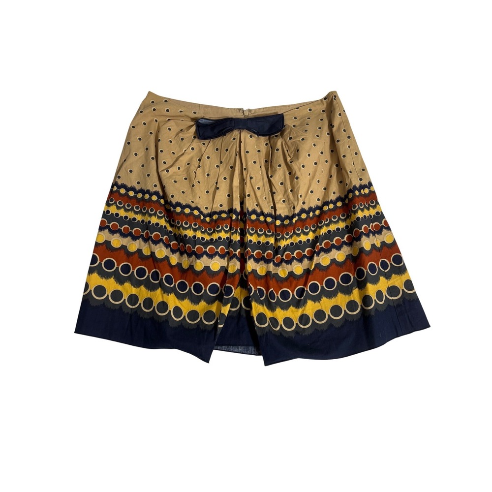 Anna Sui for Anthropologie Boho Geometric Print Bow A-Line Skirt Tan Navy 10